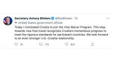 US Secretary of State Antony Blinken Nominates Croatia for Visa Waiver Program