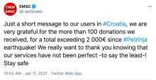EMSC Users in Croatia Donate EUR 2,000 Since Petrinja Earthquake